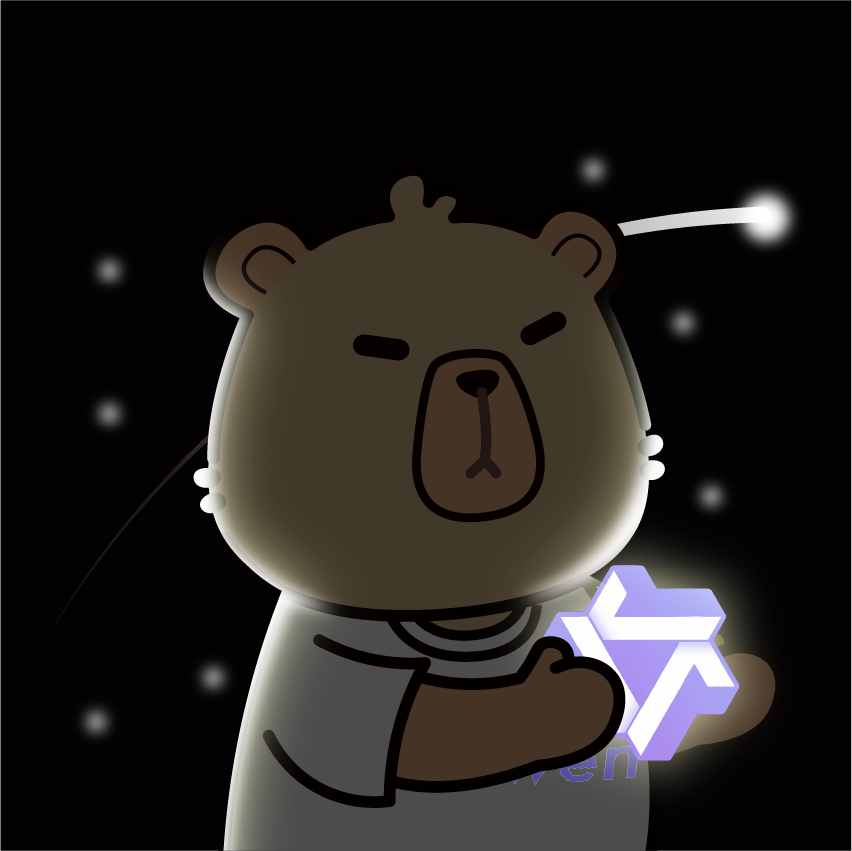 Qwen's capybara mascot holding a glowing Qwen logo under a night sky full of stars.